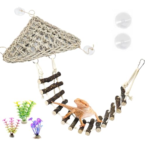 BNOSDM Reptile Hammock Reptile Wooden Ladder Bridge Bearded Dragon Hammock with Suction Cup Lizard Tank Accessories for Chameleon Hermit Crabs Ball Python Gecko Snake