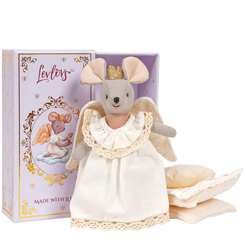 LEVLOVS Angel Mouse Nora Plush Doll in Gift Box with Bedding Set, Gold Crown and Wings, Princess Theme
