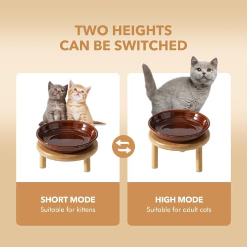 Havniva Elevated Cat Bowls, Ceramic Cat Bowl with Bamboo Stand Wide Opening | 5.7” Raised Cat Food Bowls, Whisker Friendly Cat Dish, Anti-Slip Cat Water Bowls, Shallow Cat Bowls, Cat Food & Water Bowl - color: Brown