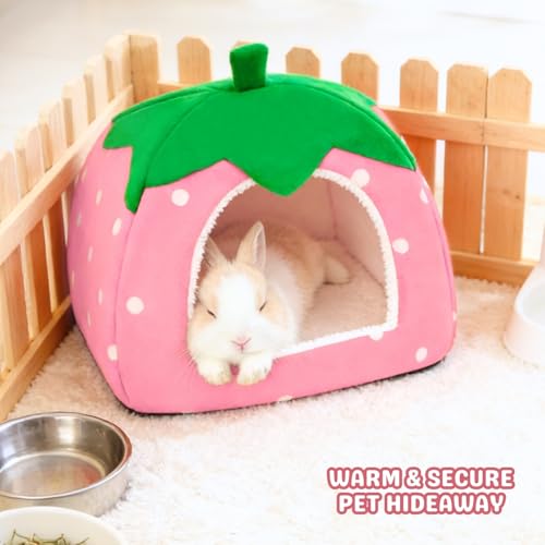 Rabbit Hideout, Washable Bunny Bed with Removable Pee Pad, Plush Indoor Rabbit House, Adorable Strawberry Design Small Animal Hideaway for Guinea Pig, Pink - color: Pink