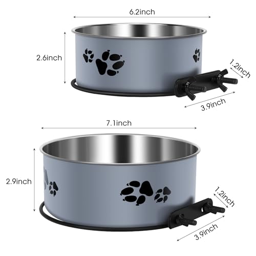 Kennel Water Bowl, ShineMe Stainless Steel Pet Food and Water Feeder Dishes - Attachable Dog Crate Bowls Hanging 2 Pack No Spill for Medium & Large Dogs (7.1x2.9” & 6.2x2.6”) - color: Grey, size: L (54oz+34oz)