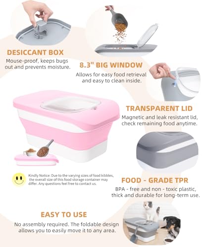 10-13 Lbs Airtight Dog Food Storage Container,Collapsible Pet Food Storage | Dog Food Container with Double Airtight Seal,Cat Food Container Dry Food Fresh,Space Saving,Pest/Mouse-proof,Scoop,Pink - color: Pink/10-13 Lbs