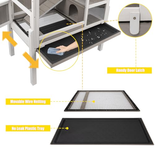 PetsCosset Guinea Pig Cages with Stand, Wooden Rabbit Cage Indoor, Guinea Pig House with Ramp and Hideout, Small Animals Cage with Not Leakage Pull Out Tray, Grey