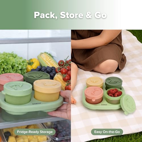 Haakaa Silicone Baby Food Containers, 4oz/120ml Baby Food Jars with Leakproof Animal Lids and Tray, Freezer-Safe Storage for Homemade Purees, Snacks & Meal Prep, 4 Pack, Spring Green Tray - color: Spring Green Tray
