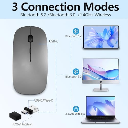 Slim Bluetooth Wireless Mouse with Jiggler - Gray | Rechargeable Portable Mouse, BT5.2 & 2.4G, USB-C/USB-A Receiver, Adjustable DPI for MacBook, iPad, Laptop & PC - color: Gray