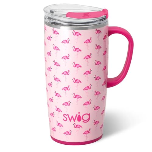Swig Life 22oz Insulated Travel Mug with Handle & Lid, Flamingos | Triple Insulated Stainless Steel - Handle & Lid Included - Keeps Coffee Hot or Cold - Cup Holder Friendly - color: Flamingos, size: 22 Ounces