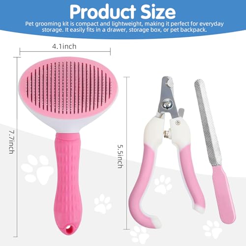 Aglads 3PCS Cat Rabbit Bunny Dog Grooming Kit, Self-Cleaning Slicker Cat & Dog Brush for Shedding, Fine-Needle Comb, Pet Nail Clipper & File for Long/Short-Haired Pets, Easy to Remove Loose (3, pink) - color: Pink