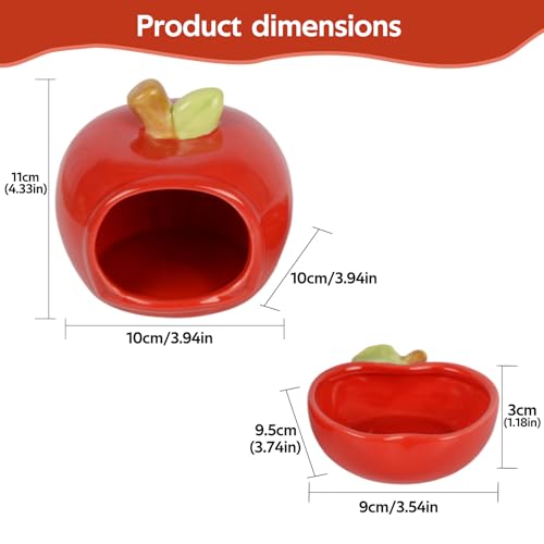 Ceramic Hamster Hideout & Food Bowl Set, Red | Apple-Shaped, Chew-Proof Sleeping Cave, Cooling Shelter Function, 2.9-inch Entrance, For Syrian Dwarf Hamsters, Mice - color: Red