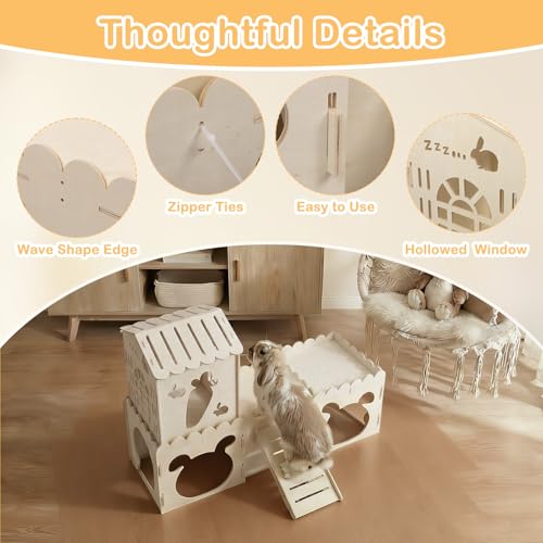 Large Rabbit House, Wooden Bunny Castle with 4 Houses Indoor, Rabbit Guinea Pig Cage Multistory Climbing Tower Sturdy Wooden Castle, Small Animal Hideaway Tunnel (4 Houses) - size: 4 Houses