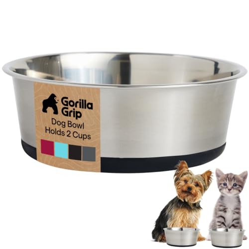 GORILLA GRIP Dog Bowl, Holds 2 Cups (16 fl oz), Food Grade 304 Stainless Steel Food and Water Bowl for Feeding Dogs and Cats, BPA Free Rubber Base, Easy Clean, Dishwasher Safe, Rust Resistant, Black - color: Black, size: 2 Cup (16 Oz)