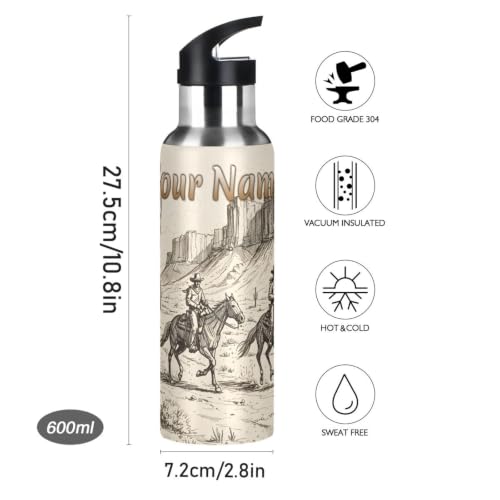 Custom Western Cowboy Cactus Water Bottle Kids Stainless Steel Bottle with Straw Lid Personalized Name Boys Girls Insulated Cup for School 20 oz - color: Multi101