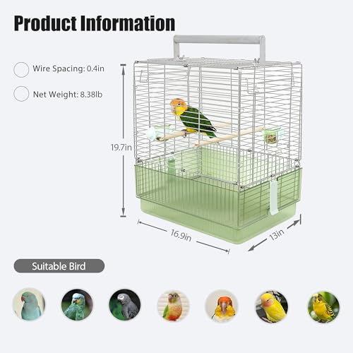 304 Stainless Steel Travel Bird Cage, 17 Inch Foldable Carrier for Conures Cockatiels Grey Parrots Caiques, with Aluminum Handle Perch (Green, Large Birdcage) - color: green