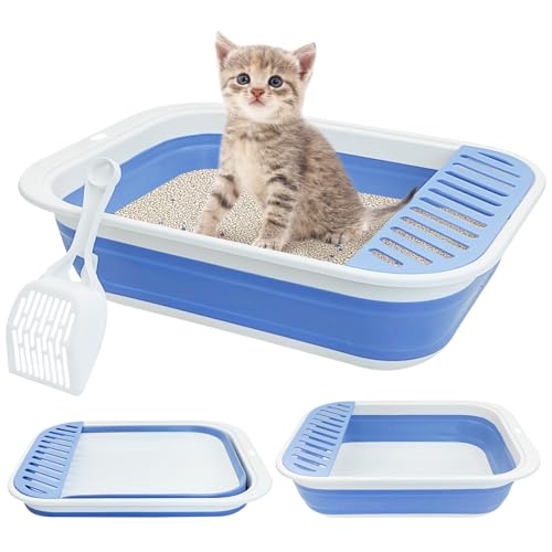 Fhiny Kitten Litter Box Portable Shallow Litter Box 17.7"x13.4"x4.9" Foldable Cat Toilet with Scoop Open Kitty Potty Pan with Litter Drop Pedal Easy to Clean Travel Kitten Toilet(Blue) - color: Blue-M