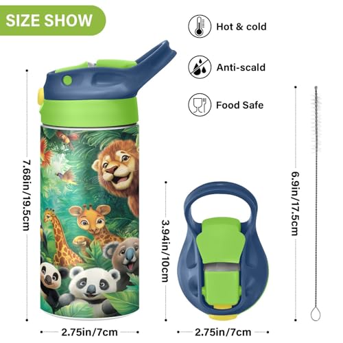OTVEE Animal World Kids Water Bottle with Straw Lid 12 oz Insulated Stainless Steel Leakproof Duck Mouth Tumbler Cup for Boys Girls Teen School - color: Animal World