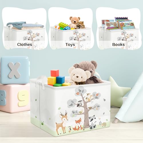 Clastyle 36L Large Woodland Animal Tree House Baby Basket Rectangle Deer Fox Squirrel Shelf Basket with Handle Collapsible Book Toy Clothes Towel Nursery Storage Basket | Waterproof Large Dirty Clothes Book Gift Toy Organizer Bin, Nursery Playroom Bedroom