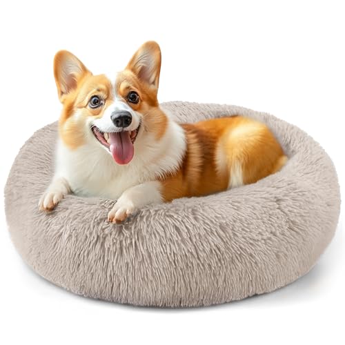 28in Large Dog Bed, Medium Size Dog and Cats, Calming Donut Bed for Puppy and Kitten, Washable Round Fluffy Pet Bed (Brown) - color: Brown, size: 28.0"L x 28.0"W x 8.0"Th