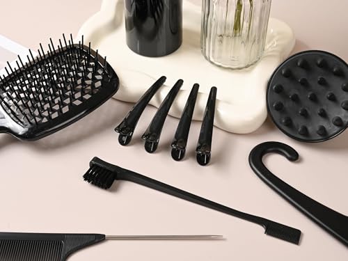 12 Pcs Hair Styling Brush Set with Detangler, Teasing, Rat Tail, Edge Brushes and Baby Hair Brushes - Soft Bristles for Baby Girls and Women (Black) - color: Black