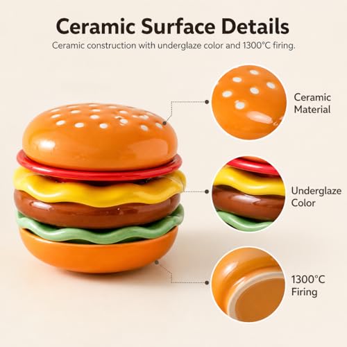 6-Piece Stackable Ceramic Burger Plate Set for Sauces & Dips | Burger-shaped layers for condiments, dips, sushi soy sauce, BBQ snacks; dishwasher and microwave safe