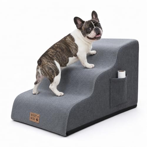 3-Step Dog Stairs for Small Dogs & Cats, 15.7" H Non-Slip Pet Steps with Side Storage Pocket, Sturdy High Density Foam Dog Ramp for Sofa, Couch & Chair, Washable Cover, Grey - size: Round-15.7"H
