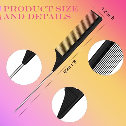 Leinuosen 3 Pack Rat Tail Comb Carbon Fiber,Pink, Black | Steel Pin Tail for Sectioning, Heat Resistant Teasing, Pick Comb for Women Wig Styling, Fishtail Design for Salon Updos - color: Pink, Black