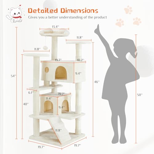 Sweetcrispy 54-Inch Cat Tree Tower – Multi-Level with Sisal Scratching Post, Perfect Pet Gift, Indoor Condo with Climbing Ladder, Plush Toy, and More Animal Stuff, Beige | Multi-Level with Indoor Cat Condo with Climbing Ladder, Plush Toy, Play House for P