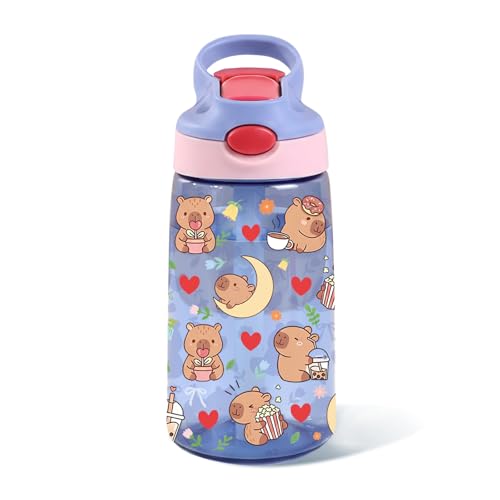 Kids Plastic Water Bottle - Cute Water Bottle for Kids, 14oz Plastic Water Bottles with Straw Lid, Leakproof BPA-Free Animal Water Bottles for Home Sports Travel, Pop-Up Straw Cover, Purple - color: Capy-bara