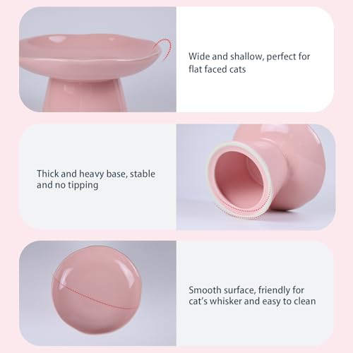 Extra Wide 6.1" Raised Cat Food Bowl, Shallow Ceramic Elevated Cat Feeder, Anti Vomiting, Stress Free, Whisker Fatigue, Pet Food or Water Bowl, Pink - color: Pink-Shallow