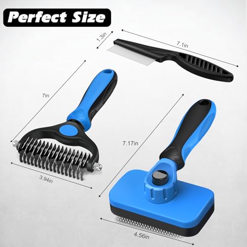 Professional 3PCS Self Cleaning Slicker Brush & Pet Grooming Rake & Flea Comb for Dogs,Cats and Horses | Double-Sided Dematting Comb & Skin Friendly Deshedding Grooming Tool | Pet Supplies (Blue) - color: Blue