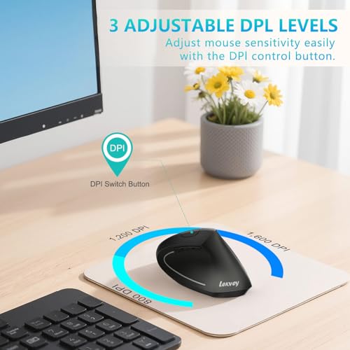 Lekvey Ergonomic Mouse, Rechargeable Vertical Wireless Mouse, Comfort Grip | Long Battery Life, USB-C Charging, Quiet Click, Carpal Tunnel Support, 2.4G Wireless, 3DPI 800/1200/1600, for Laptop, Mac, PC