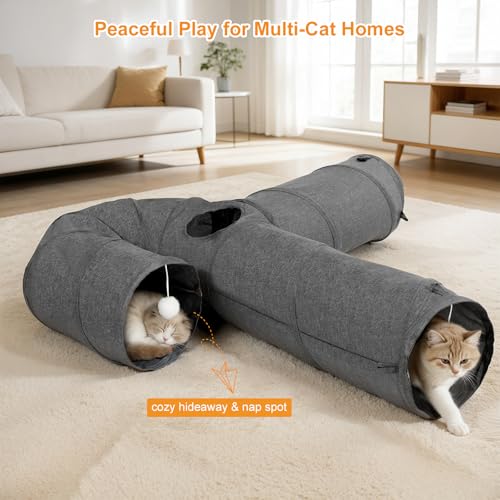 Ownpets 10" Large Cat Tunnel 3-Way U-Shape Oxford Fabric for Large Cat | Silent oxford fabric no noise, expandable 3-channel design, with plush ball ,feather wand, peek hole, for multi-cat household - size: 10 Inches in Diameter