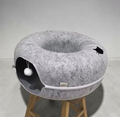 Cat Tunnel Bed - Comfort Bedz Large Donut Cave for Cats, Felt Enclosed Hideaway with Zipper, Top Perch, Interactive Toy, Washable Indoor Cat House