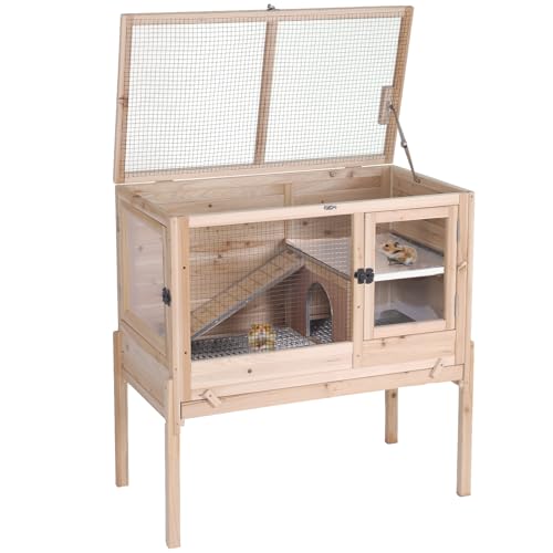 Aivituvin Wooden Guinea Pig Cages Indoor with Removable Stand, Anti Chewing Rabbit Hutch with Ramp and Wire Mesh, 2 Story Small Animals House Habitat with Pull Out Tray (Light Natural Wood) - color: Light Natural Wood