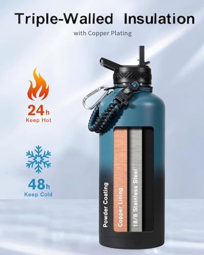 Trebo Water Bottle Insulation 87 oz, Vacuum Stainless Steel Water Jug (Keep Cold for 48 Hrs), LeakProof & Non-BPA, Water Flask with Paracord Handle & Straw Spout Lids, Indigo/Black | Large Stainless Steel Water Jug, Triple Wall Vacuum Copper Plated, Dishw