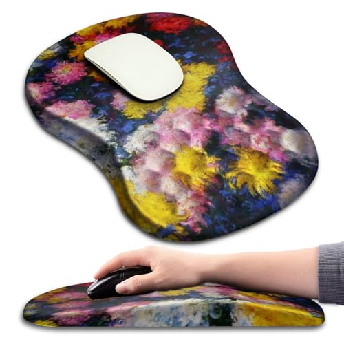 Hokafenle Ergonomic Mouse Pad Wrist Support with Massage Design, Wrist Rest Pain Relief Mousepad with Memory Foam&Non-Slip PU Base, Mouse Pads for Wireless Mouse & Desk(12x8 inch,Monet Chrysanthemum) - color: HK032-Monet Chrysanthemum