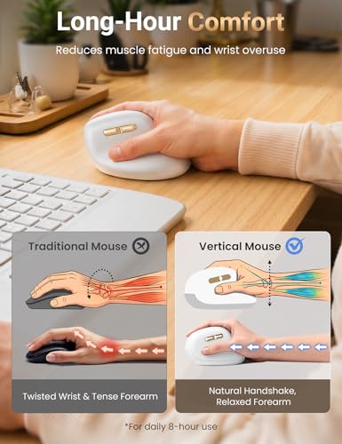 Ergonomic Vertical Wireless Mouse, 57°, Small/Medium Hands, White | Rechargeable, Quiet Click, 800/1200/1600 DPI, 2.4GHz USB Receiver, Forward/Back Buttons, Computer Mouse for Laptop PC Mac - color: White