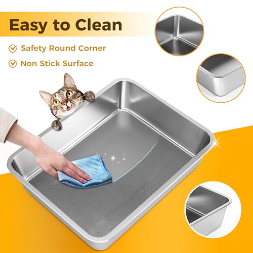 Stainless Steel Cat Litter Box,Extra Large Metal Litter Box,18Lx14x4 in | Extra Large Metal Litter Tray for Big Cats Kitty Rabbits,No Smell,Non Stick,Easy to Clean - color: 4"H, size: 18"L x 14"W