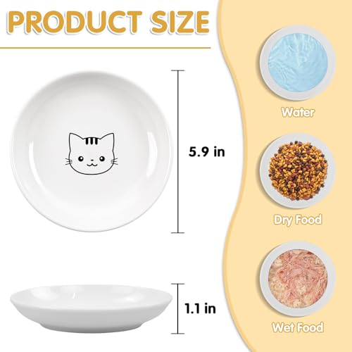 6 Pack Cat Food Bowl, Ceramic Cat Bowls, Anti Whisker Fatigue Cats Bowl Set | 5.5 Inches Shallow Wide Kitten Plates for Food and Water (White-C) - color: White-C