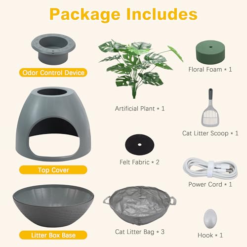 Egglao6 Hidden Cat Litter Box Furniture with Artificial Plants, Odor Removal System, 3PCS Cat Litter Box Liners, Cat Litter Scoop, Quick Assembly, Secret Kitty Enclosure, Extra Large (Grey) - color: Gray