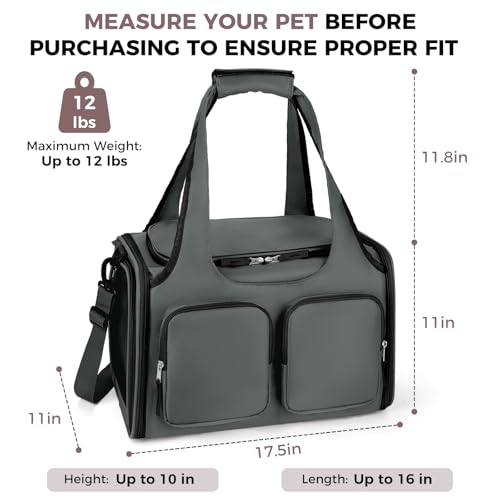 Dog, Cat Carrier for Pets Up to 12 Lbs, Airline Approved Collapsible Soft-Sided Pet Travel Bag with Locking Zippers, Breathable Mesh and 4 Large Pockets, Removable Fleece Pad (Dark Grey) - color: Dark Grey