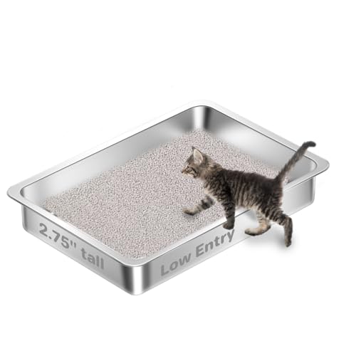 Low Entry Stainless Steel Cat Litter Box for Kittens Small cat, Metal Shallow Kitty Litter Box, Easy Access Kitty Litter Pan Tray,Pet Bathroom Accessories-15.75''Lx 11.81'' W x2.76'' H - color: 1 pack-15.75''Lx 11.81'' W x2.76'' H