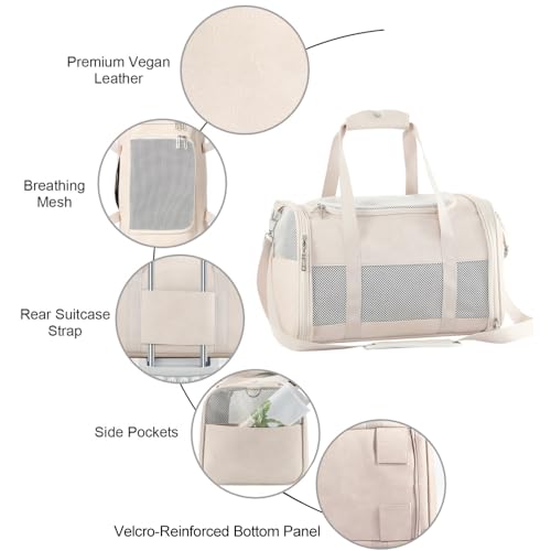 Fashion Dog Carrier Pet Carrier Airline Approved Cat Carrier for Small Dogs Cats Under 15 Lbs, Vegan Leather Collapsible Soft Sided Travel Puppy Carrier - color: Beige