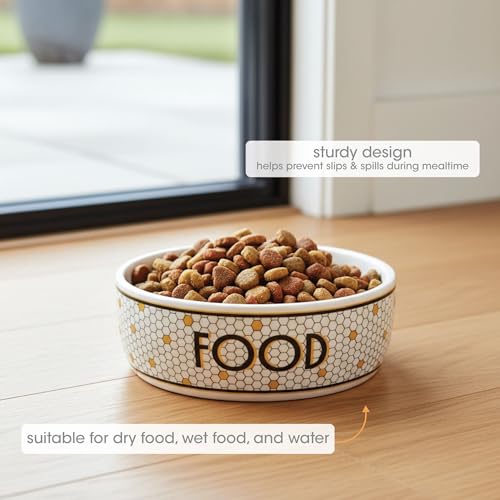 Pearhead Ceramic Dog Bowl, Small/Medium 2.25 Cups/ 18 oz, Bistro Tile | Honeycomb with Gold Accents Stoneware Pet Food & Water Bowl for Small Dogs, Weighted Non-Plastic Feeding Dish - color: Bistro Tile Bowl, size: Small