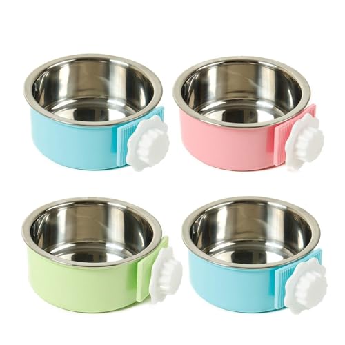kathson Crate Dog Bowl, Removable Stainless Steel Hanging Pet Cage Bowl Food & Water Feeder Coop Cup for Cat, Puppy, Birds, Rats, Guinea Pigs (4 PCS, Size: L, 2×Blue,1×Pink,1×Green) - color: Size: L (2×Blue, 1×Pink, 1×Green), size: 4 PCS