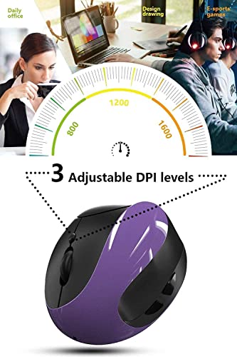 Ergonomic Vertical Mouse, Wireless 2.4G High Precision Rechargeable Ergonomic Mouse Optical Mice with Adjustable DPI 800/1200/1600, Reduce Wrist Strain, Specially for Small-handers Right-handers - color: Purple - Right hand- rechargeable