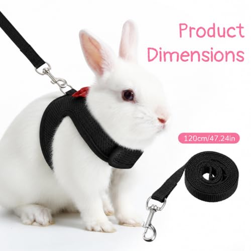 Bunny Harness and Leash Set Cute Bow Rabbit Leash Harness Set Escape Proof | Rabbit Vest Soft Breathable Mesh Walking Gear for Rabbits, Kittens, Ferrets, Guinea Pigs, Black, M