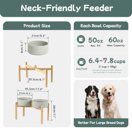 Havniva Dog Bowls Elevated, Ceramic Dog Food and Water Bowl Set | 8.3” Raised Dog Food Bowl, Elevated Dog Bowls with Bamboo Stand, Non-Slip Dog Water Bowl for Large Dog, Large Capacity - color: Matte Gray, size: 8.3" - 2 Bowls+Stand