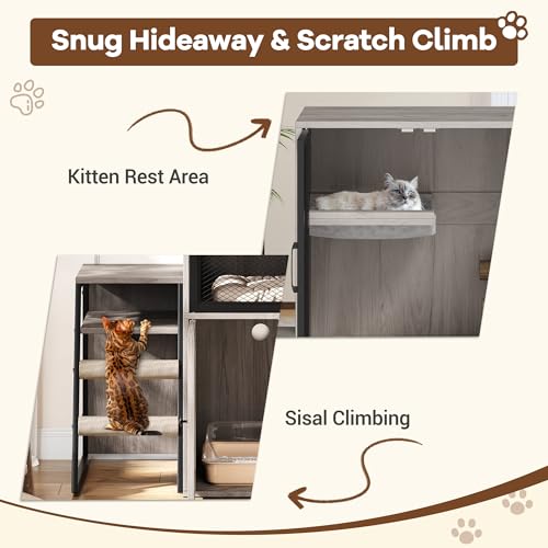 TrailBlaze Litter Box Enclosure with Platform, Double Layer Hidden Furniture, Modern Villa Cat Cabinet with Ladder, Hammock & Metal Mesh Door, Indoor Washroom Cat House-Gray - color: Gray
