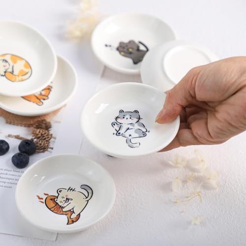 Super Cute Cartoon Animal Ceramic Sauce Dishes, Seasoning Dishes, Little Cat Dog Bird Feeding Bowls, Sushi Soy Dipping Bowls, Appetizer Plates, Dessert Plates, Set of 6-Cats-3.5 Inch