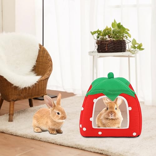 BWOGUE Guinea Pig Bed Hideout, Washable Hamster Cave for Small Animals | Removable Cushion for Cleaning, Warm Fleece Nest, Washable Bed, 10 x 9.8 x 9 in, Dwarf Rabbits Hedgehogs - color: Strawberry Red