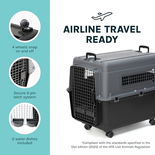 SportPet Airline Compliant LARGE 31.5" Travel Dog Kennel- Durable Plastic Airline Pet Carrier w/ Removable Wheels & Food Bowls, Collapsible Indoor/Outdoor Dog Kennel, Dogs up to 28"L & 20"H-Dark Gray - color: Dark Gray